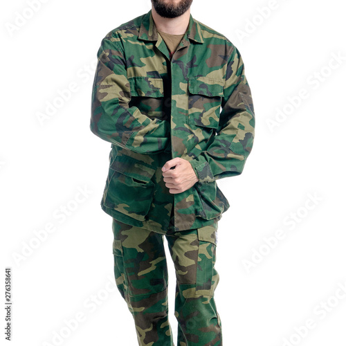 Man in military uniform, camouflage on white background isolation