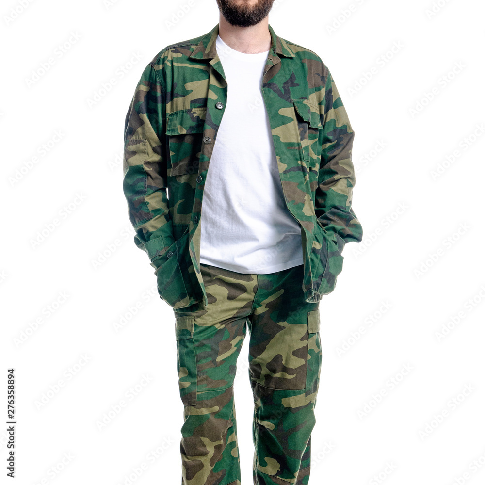 Man in military uniform, camouflage on white background isolation Man in military uniform, camouflage on white background isolation