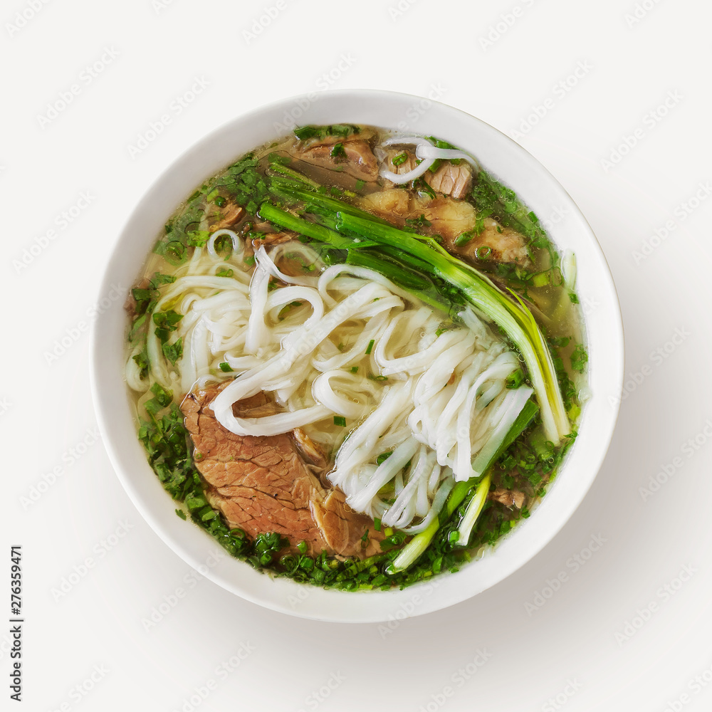 Pho Bo vietnamese soup with noodles on white Pho Bo vietnamese soup with noodles on white