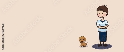 Cartoon character of kid and puppy stand together 