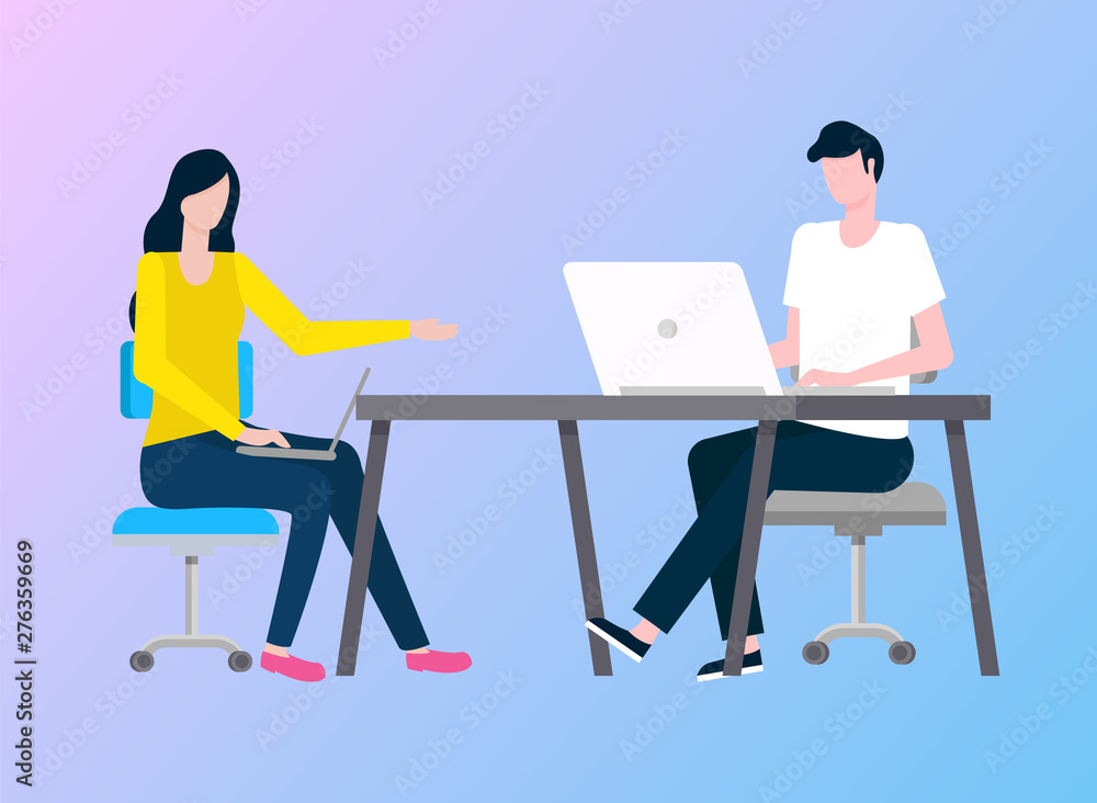 Man and woman working vector, colleagues with laptop and computer programming people, flat style. Person sitting by table with coworker in office Man and woman working vector, colleagues with laptop and computer programming people, flat style. Person sitting by table with coworker in office