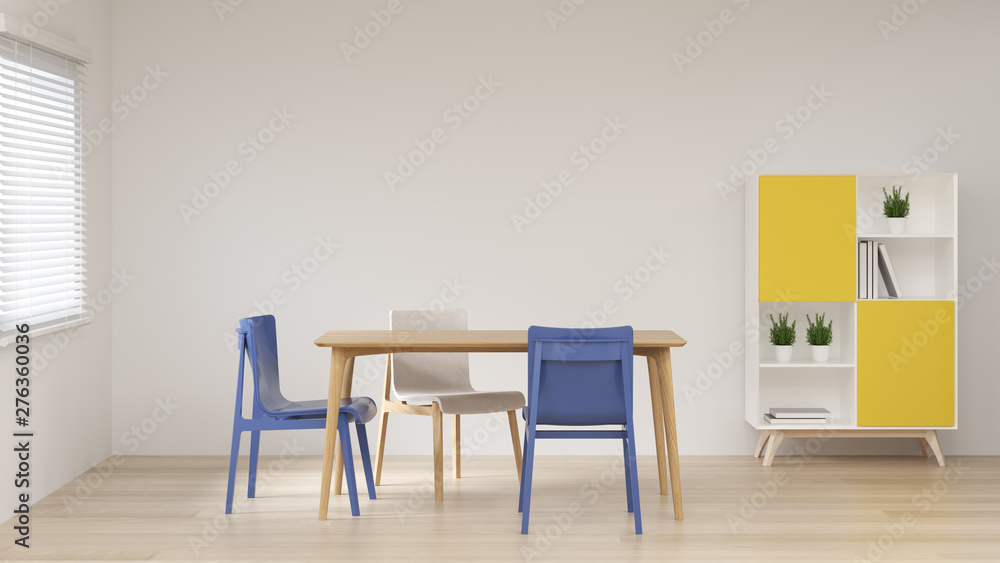 Fototapeta premium The table and chairs with the cabinet are in the empty room 3d rendering modern home design,modern dining room design.