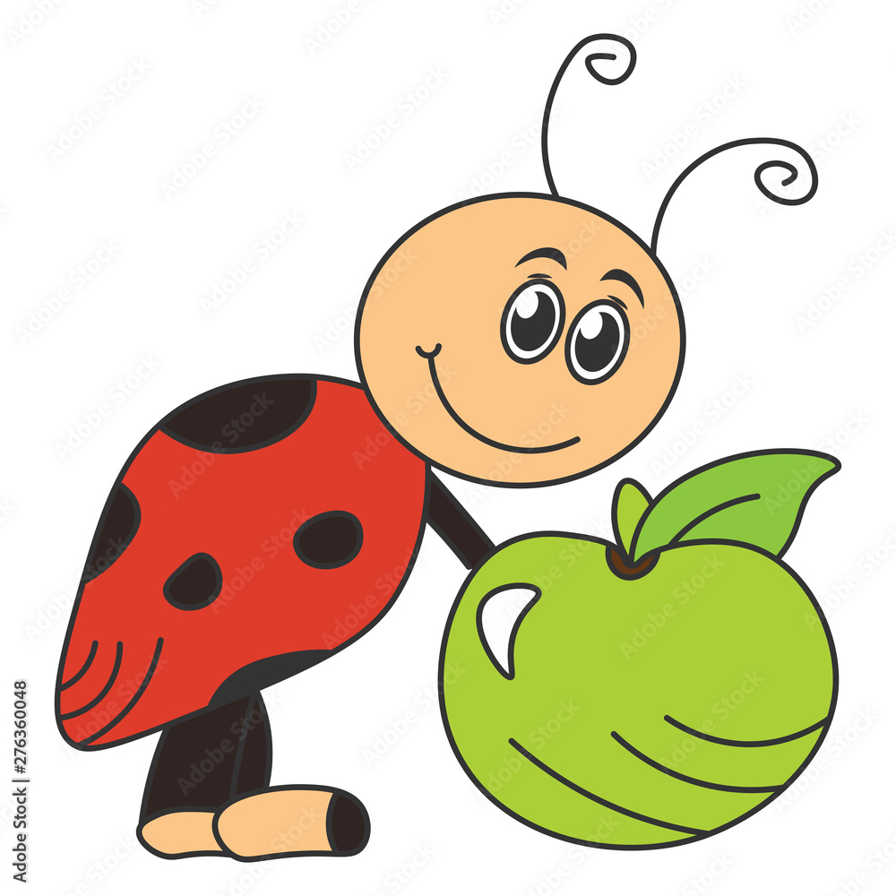 Fototapeta premium Cartoon ladybug holding an apple.