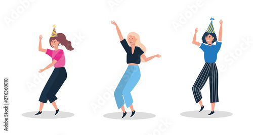 set of cute women dancing with party hat