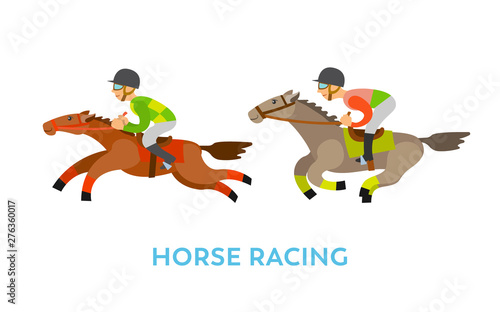 Equine sports vector, riders wearing uniforms and protective helmets, people riding horses isolated men. Equestrian challenge, competition flat style