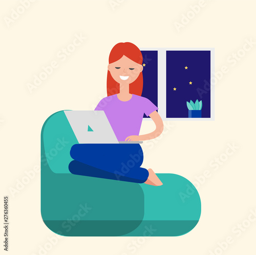 Young woman is working on laptop at deep night. Workaholic concept. Freelancer, blogger, copywriter vector illustration