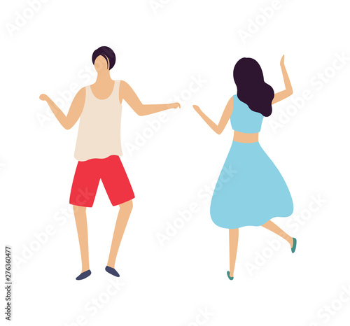 People having fun in night club vector  dancing woman and man relaxing couple clubbing adults relaxing. Isolated pair raising hands up flat style