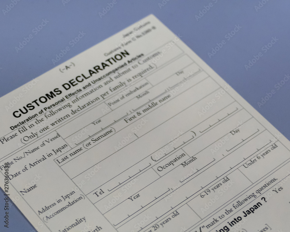 Customs declaration form at airport counter Customs declaration form at airport counter