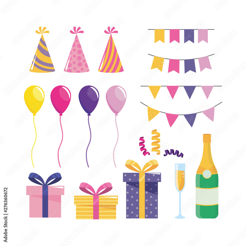 set of party decoration with balloons and presents