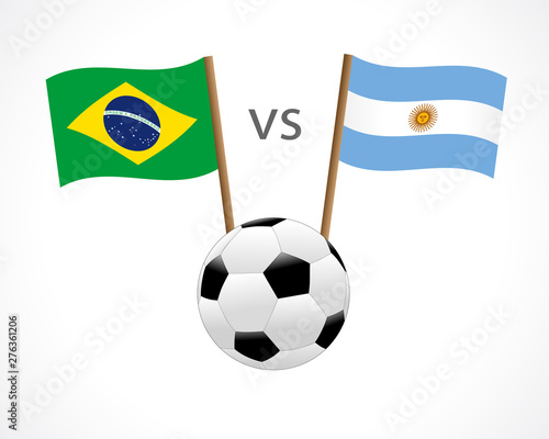 Brazil vs Argentina  national team flags on white background. Brazilian and Argentinian flag soccer ball  logo vector. Football championship cup of South America 2019