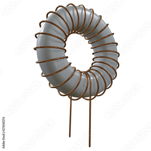 Toroidal Coil Inductor 3d render illustration. Copper wire winding. Magnetic ferrite core.