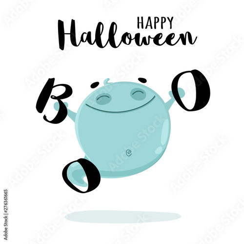 Cute ghost with letters "BOO". Cartoon vector illustration with inscription "Happy Halloween". Kind spook for kid's halloween party design, holiday invitation cards and posters.