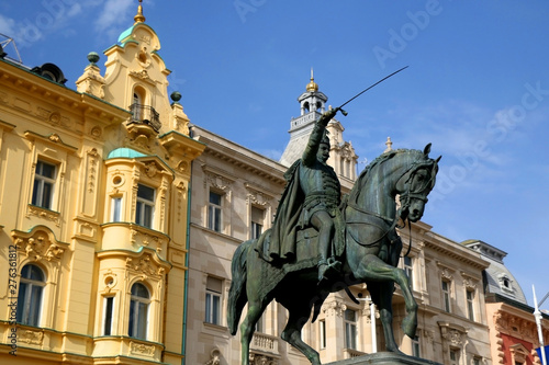 Historical statue of Croatian leader Ban Josip Jelacic on Ban Josip Jelacic square in Zagreb, Croatia.