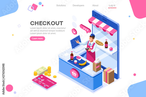 Supermarket, Line Waiting Images, Buyer Basket Checkout, Retail. Woman, Customer Purchase, Cashbox Buy. Web Banner, Infographics. Flat Isometric Illustration Isolated on White Background