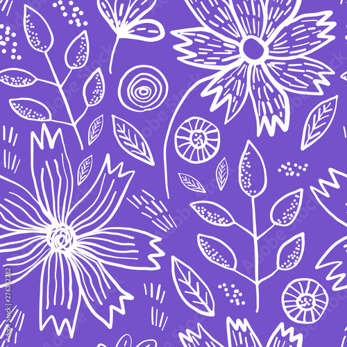 Bright violet spring floral seamless pattern with white outline hand drawn flowers. Romantic meadow flower, leaves and branches on purple background for textile, wrapping paper, surface, wallpaper