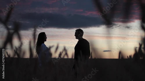 A man and a woman in love walk slowly towards each other in the field, a man and a woman embrace and kiss against the backdrop of a beautiful sunset.