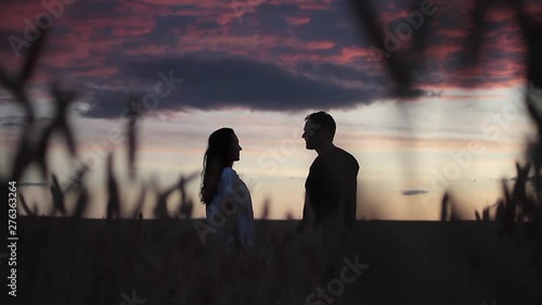 Lovers man and woman walk in the field at sunset, a man kisses a woman and hugs..