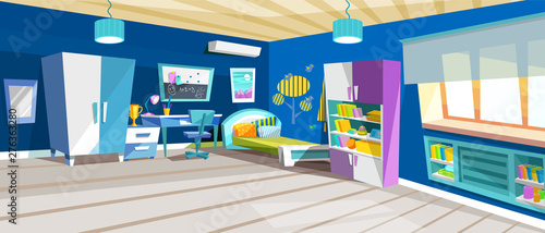 Kid bedroom with boy, children's bedroom with furniture