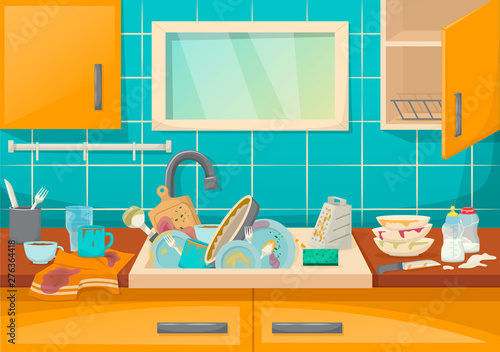 Kitchen sink with dirty dishes and accessories, confusion and inconvenience.