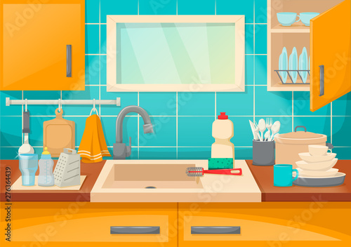 Kitchen sink with clean dishes and accessories, order and comfort.