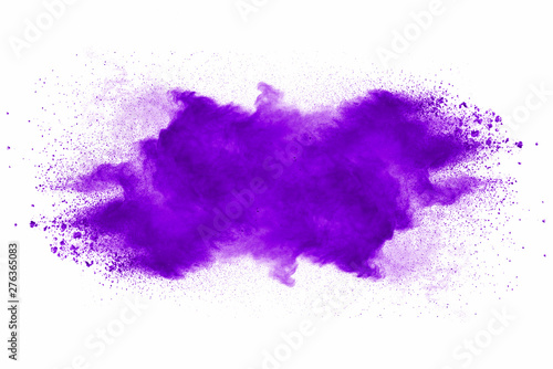 Fotografia Explosion of violet dust on white background.