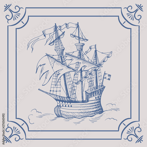 Old caravel. Ship on the Blue Dutch tile. Imitation. Frigate, vintage sailboat, Sailing vessel , glazed porcelain ceramic.