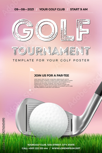 Golf tournament poster template with ball, club and grass