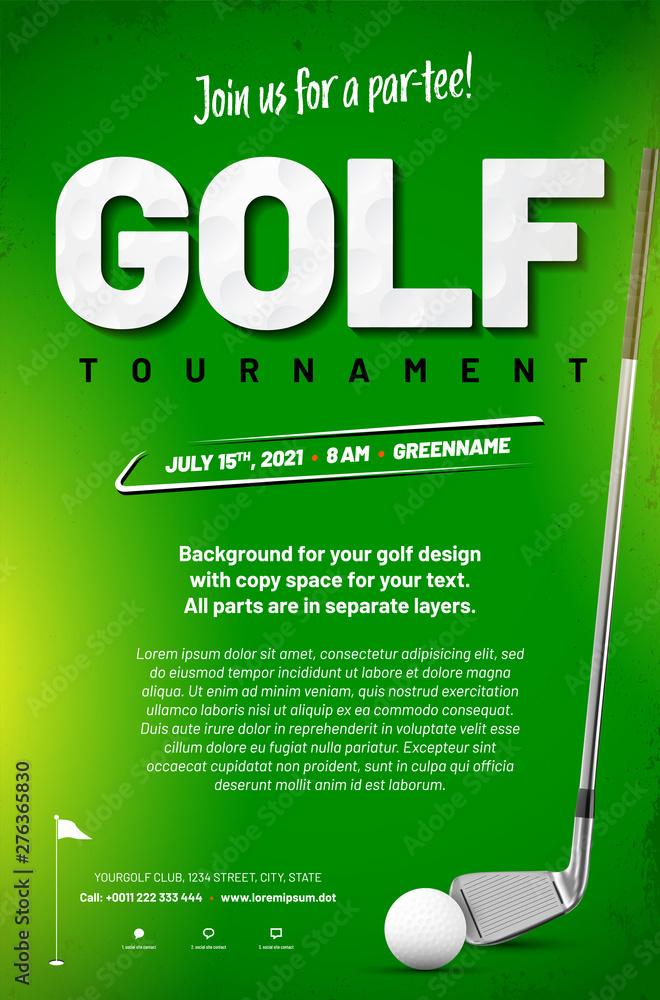 Golf tournament poster template with ball and golf club - obrazy, fototapety, plakaty 