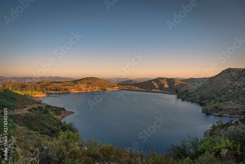 Looking down on Lake Poway early one morning from one of the nearby hiking trails near San Diego, California