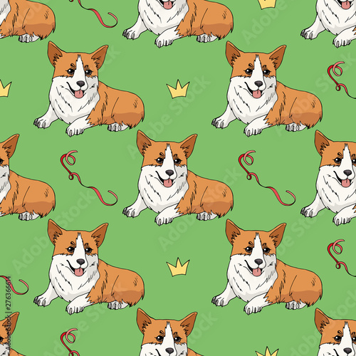 Seamless pattern with cute pembroke welsh corgi and doodles on green background. Endless texture with funny cartoon dogs for your design