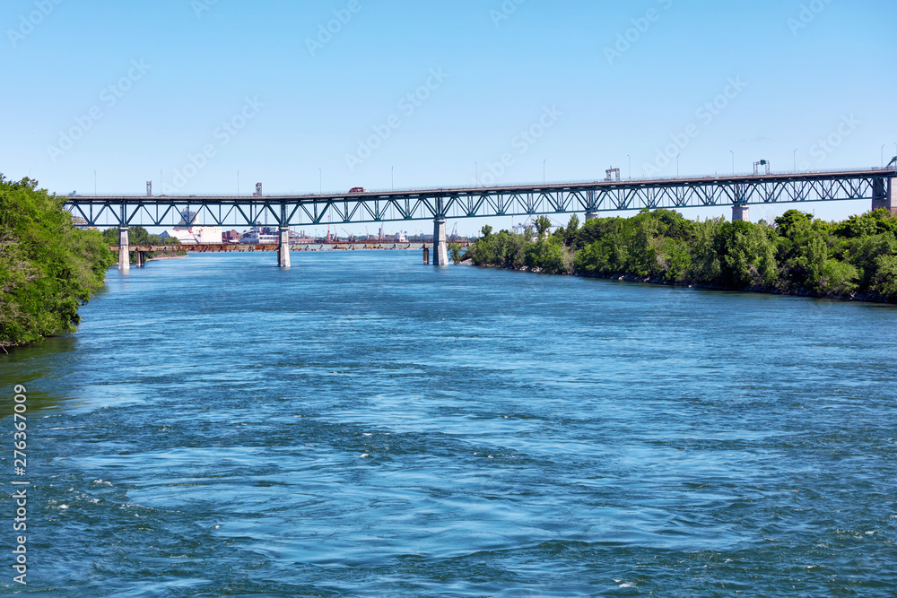 Pont jacques cartier bridge on Saint Lawrence River in Montreal, Quebec, Canada.