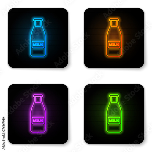 Glowing neon Closed glass bottle with milk and cap icon isolated on white background. Black square button. Vector Illustration