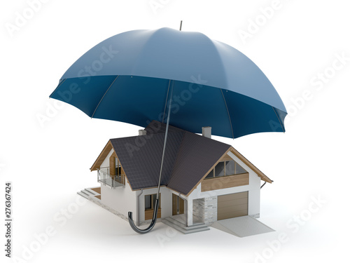 House insurance - umbrella and house model  3d illustration