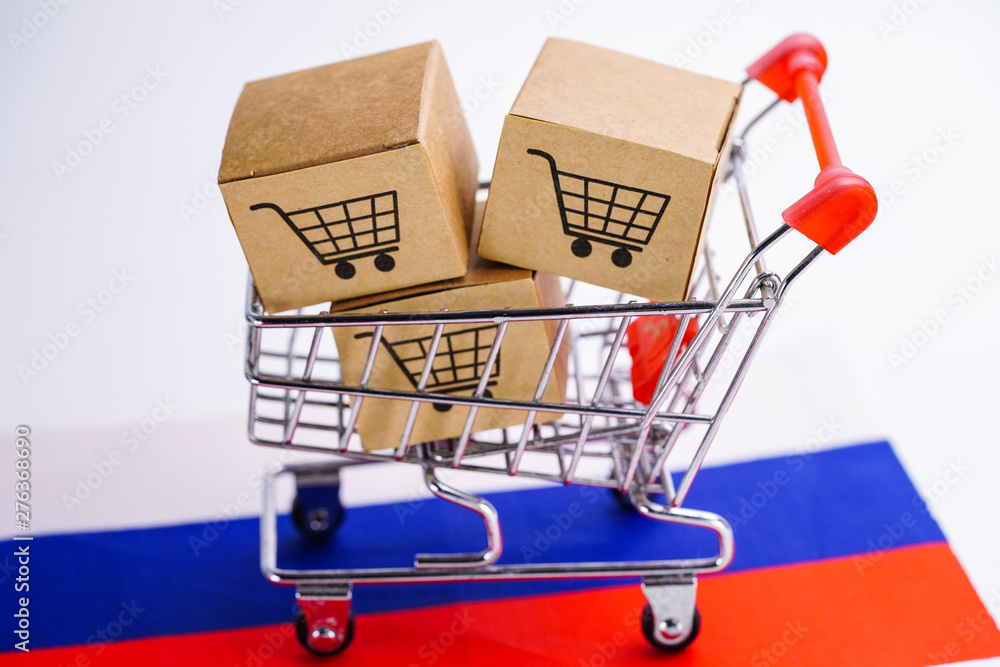 Box with shopping cart logo and Russia flag : Import Export Shopping online or eCommerce delivery service store product shipping, trade, supplier concept.