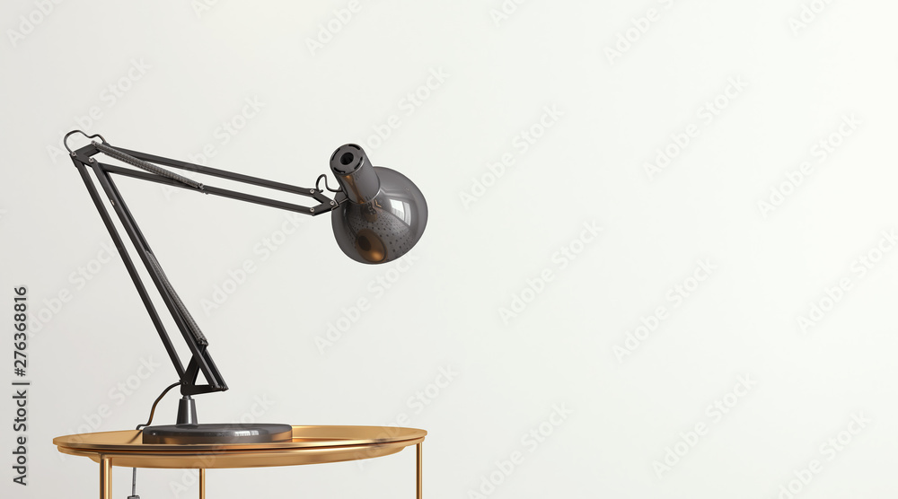 dark gray desk lamp shining on empty white wall, copy space, template, card, 3d rendering dark gray desk lamp shining on empty white wall, copy space, template, card, 3d rendering