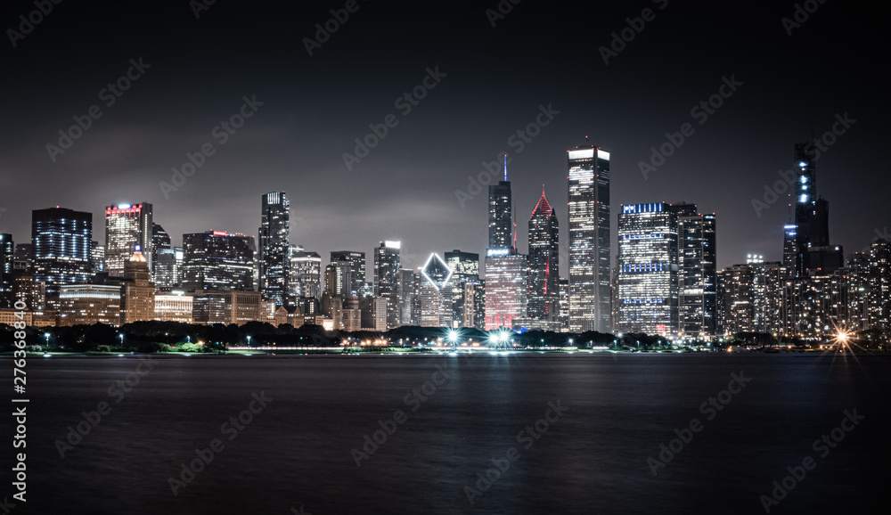 Skyline of Chicago by night - view from Lake Michigan - travel photography Skyline of Chicago by night - view from Lake Michigan - travel photography