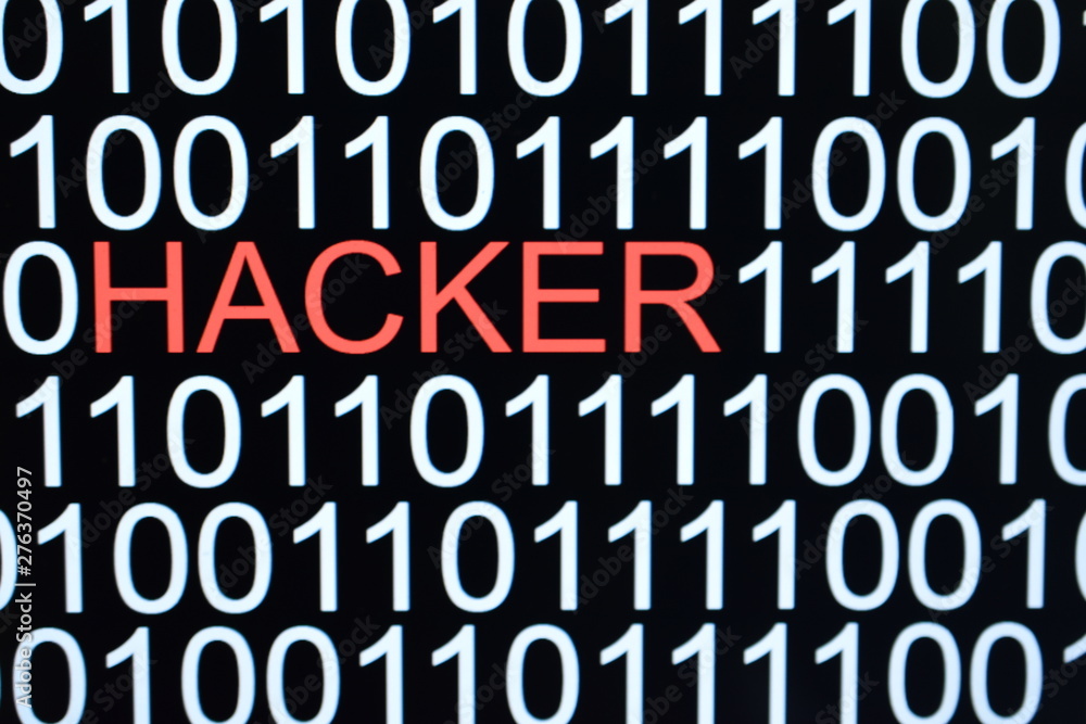 The binary code number background with HACKER word in red color The binary code number background with HACKER word in red color