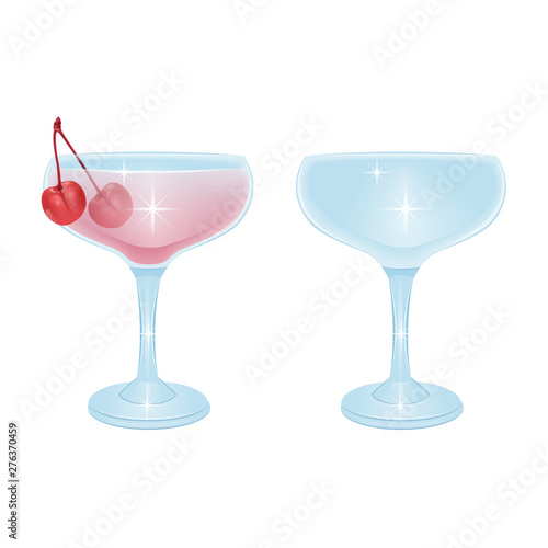 The Alcoholic cocktails isolated on white background. Holidays club party summer cocktails with cherry, cocktail glasses. Design elements