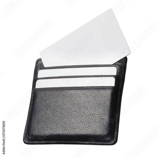 Black leather wallet with blank cards, isolated on white background photo