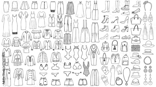 Hand drawn set of woman clothes. Line art set.