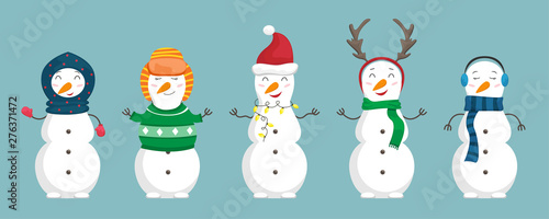 Set of snowmen in the christmas clothes. Flat cartoon illustration.