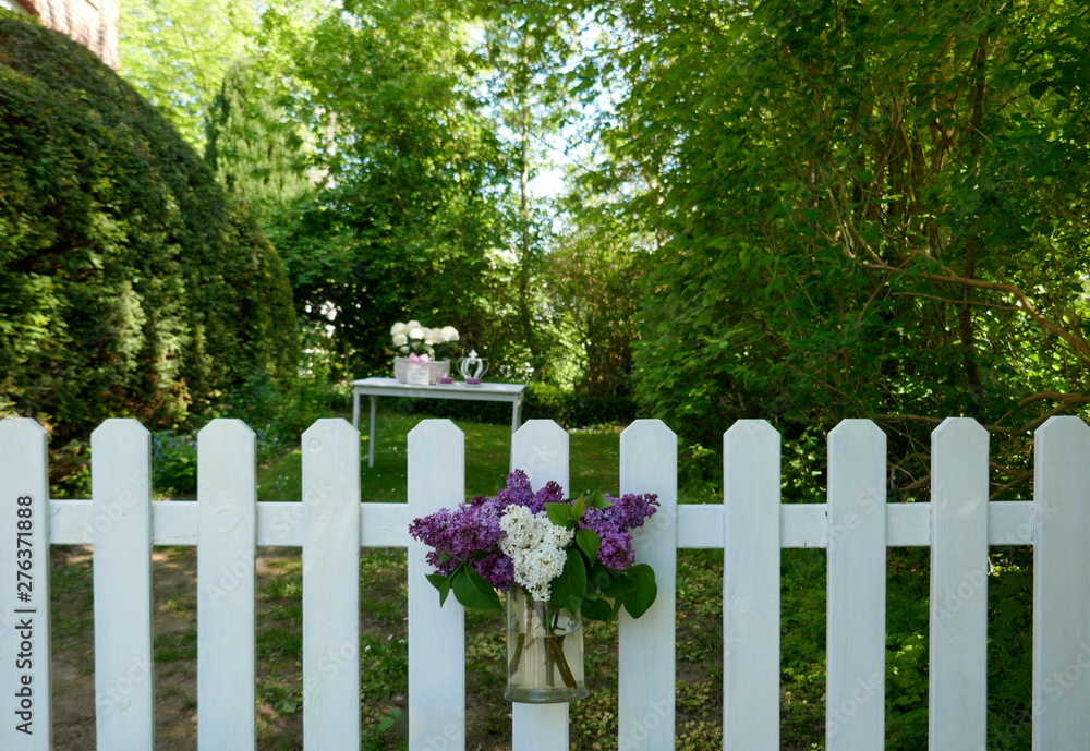 White garden fence in front of an idyllic garden. On the fence hangs a glass vase with a bouquet of white and purple blooming lilac.