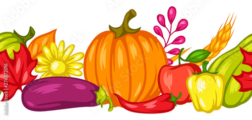 Harvest seamless pattern with fruits and vegetables.