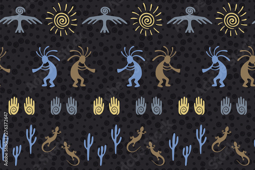 design with trickster god, swirl icons on human palm, sun, eagle.