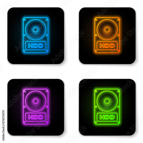 Glowing neon Hard disk drive HDD icon isolated on white background. Black square button. Vector Illustration