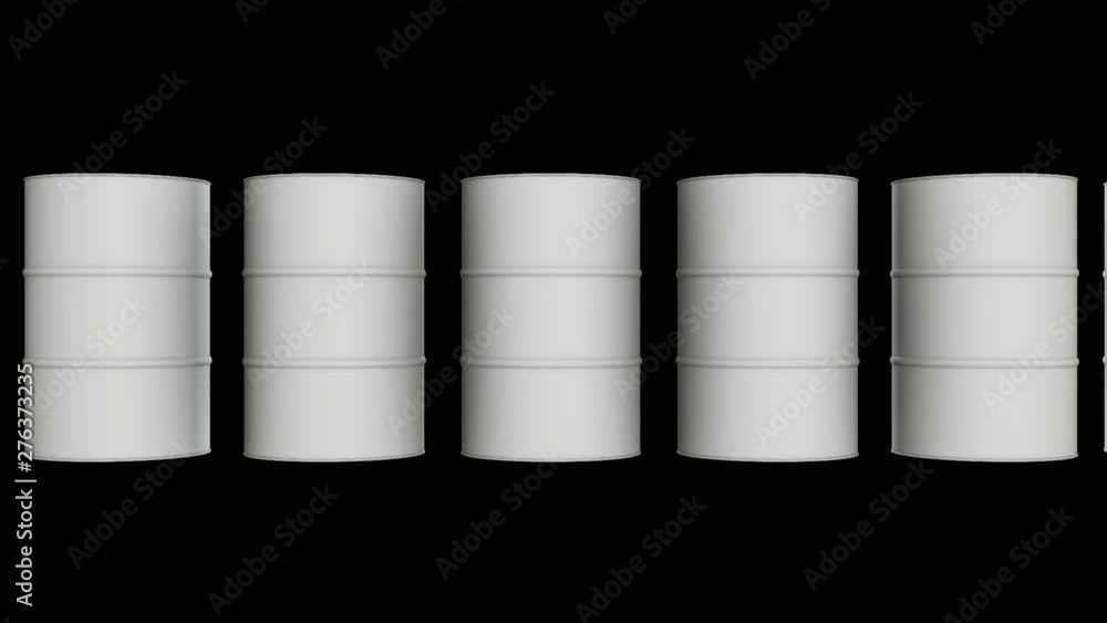 White blank metal barrel oil row. 3d render Video available in 4k FullHD and HD render footage White blank metal barrel oil row. 3d render Video available in 4k FullHD and HD render footage