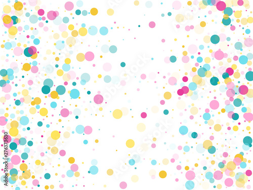 Memphis round confetti festive background in cyan blue, pink and yellow. Childish pattern vector.