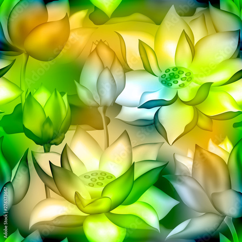 Lotus buds and flowers seamless wallpaper., Water lilly nelumbo aquatic plant illustration.