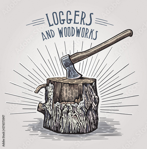 Ax in a wooden stump, illustration in a graphic style and painted in color