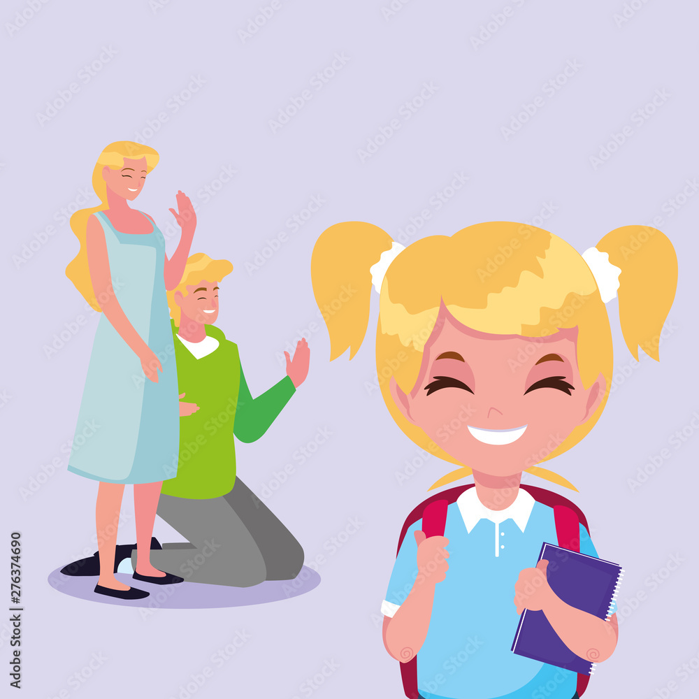 cute little student girl with parents cute little student girl with parents